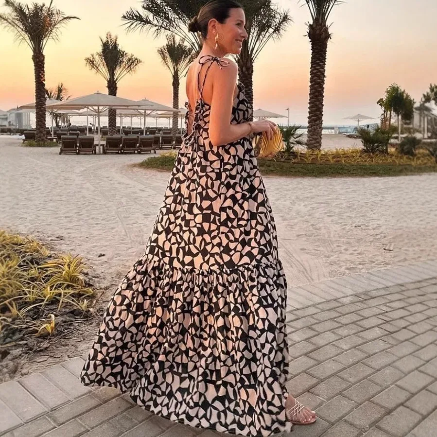 

SKMY 2025 Women Clothing Fashion Printed Long Dresses Casual Loose Open Back Vacation Outfits Spaghetti Strap Sleeveless Dress