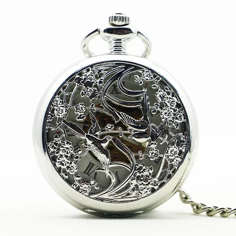 

Unique Fashion Personality Creative Pocket Watches Hand-winding Mens Watch Silver Skeleton Mechanical Chain Gift PJX1189