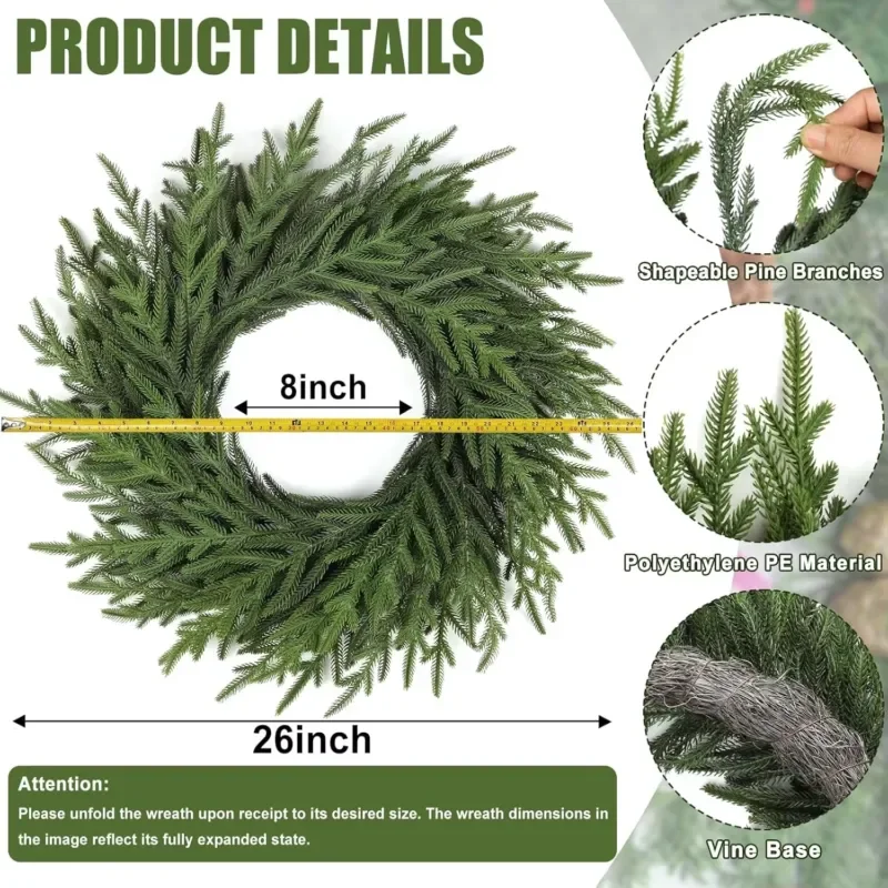 Artgar 26-inch polyethylene (PE) imitation pine Christmas wreath, farmhouse style, suitable for front doors, walls, windows,