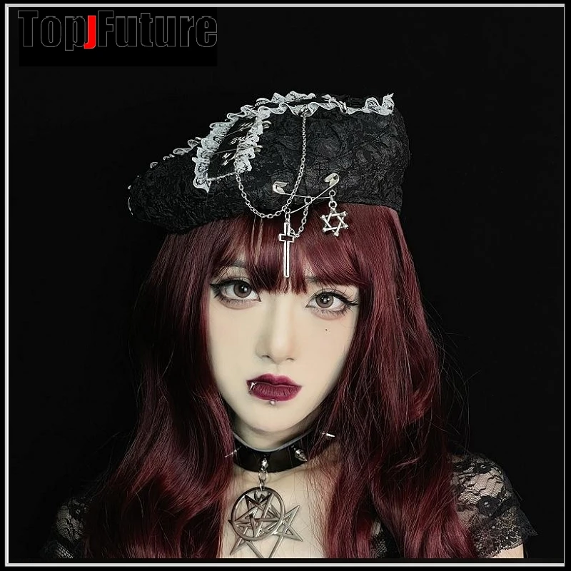 

Harajuku Gothic Lolita Lace Women Punk Cross Chain Subculture Spice Girl Berets Hat Female Y2K Girls Accessories Cap Beret