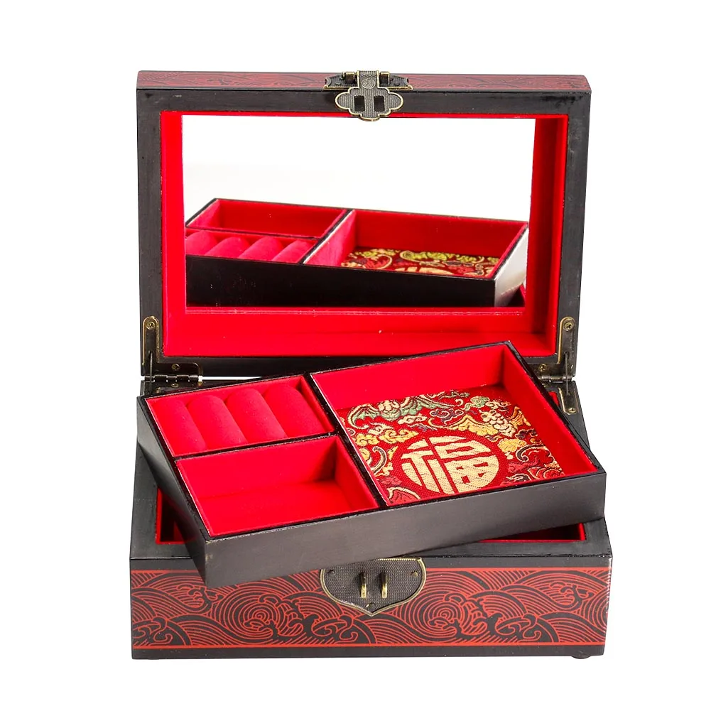 Double Happy Character Dragon Phoenix Chengxiang Traditional Lacquerware Wood Double Layer Wedding Dressing Jewelry Mirror Box