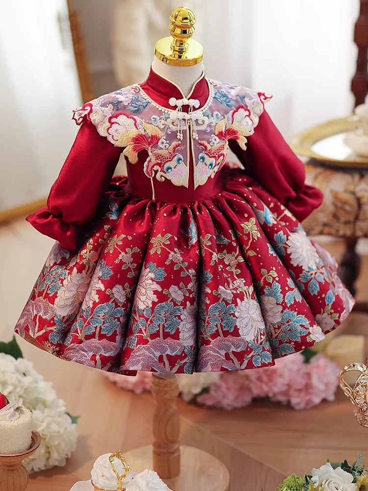 Embroidery Floral Cheongsam Kid Plus Velvet Dress Winter Princess Clothes Set Toddler Girl Autumn Clothing Children Elegant Suit