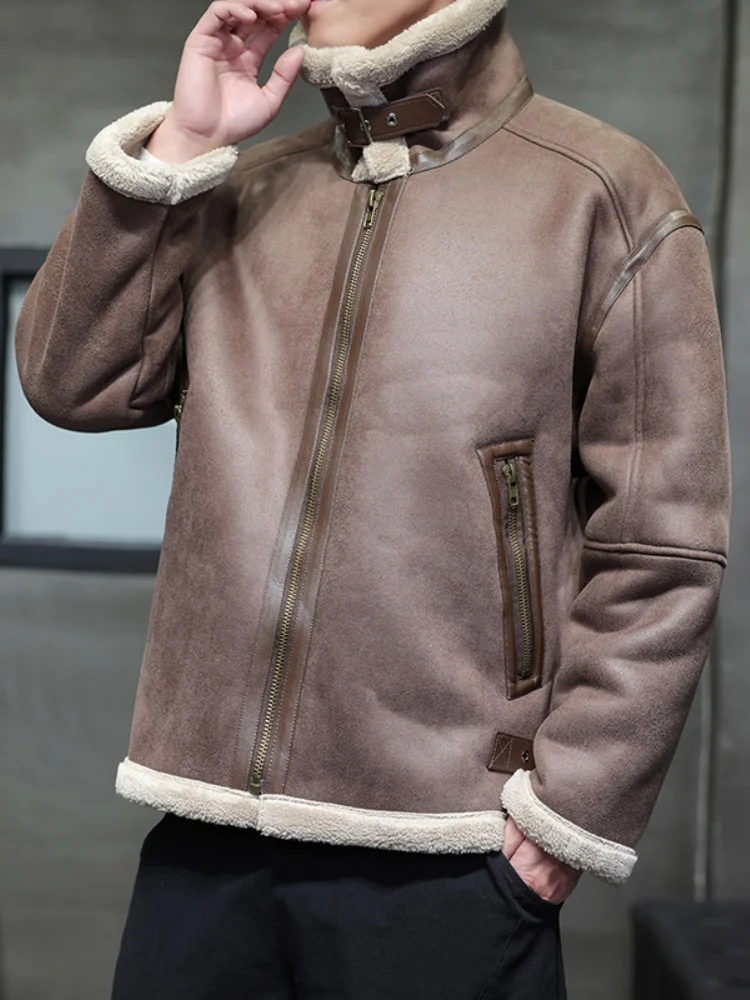 

Lamb Fur Jaet Men's Winter Thiened Floing Cotton Clothes eepskin Coat Faion Urban Sle Long Sve Zipper Closure