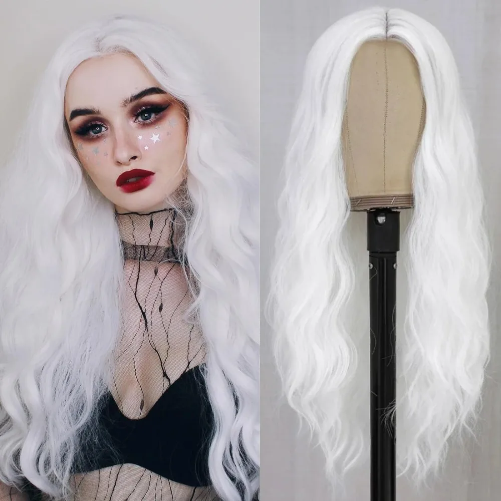 Women's long white wig with long wavy curls in the middle section Heat resistant white for everyday or Halloween cosplay party