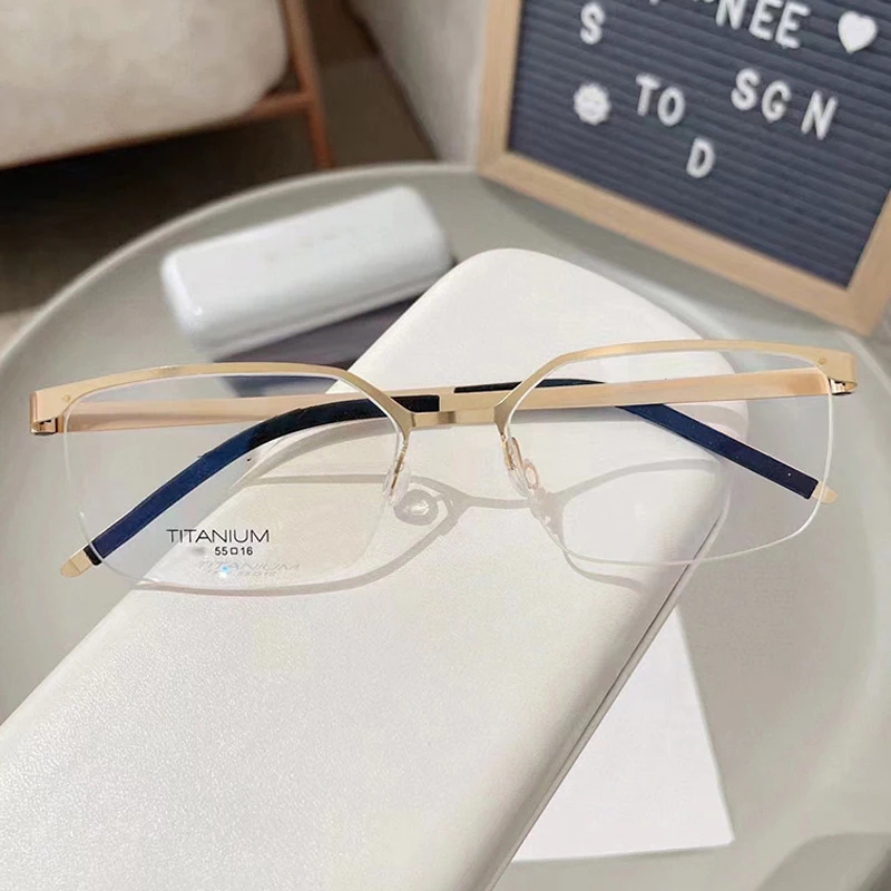 

Danish Luxury Brand Reproduction Irregular Half-rim Ultra-light Pure Titanium Eyewear Screwless Design Browline Glasses Frame