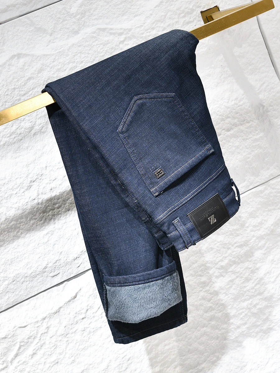 

Value for Money Thickened Cotton Stretch Men's Straight Leg Jeans Autumn Winter Fashionable Washed Composite Fleece Casual Pants