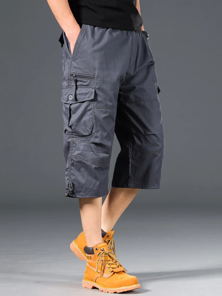 Sommer Herren Cargo-Shorts Lose Lässige Knielange Hosen Elastischer Bund Übergröße Outdoor Jogging Taktische Capri-Hosen