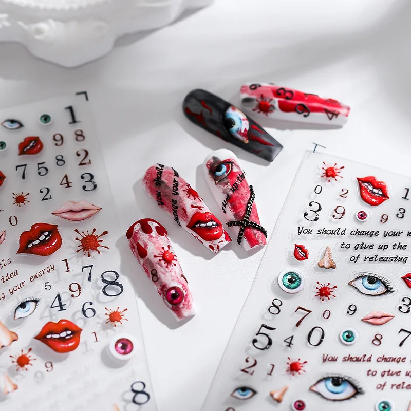 1 Sheet 5D Realistic Relief Broken Red Beauty Blooding Lip Nose Eye 0-9 Number Adhesive Nail Art Stickers Decals Manicure Charms