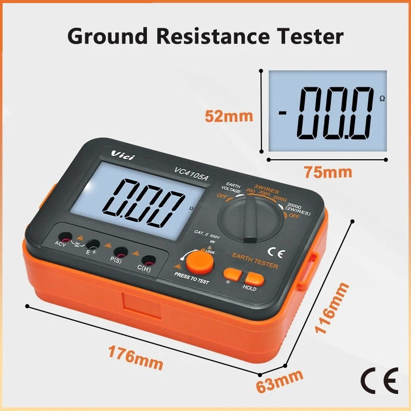 

Grounding Resistance Tester Digital Lightning Protection Overload Protection Grounding Resistance Shake Meter VC4105A