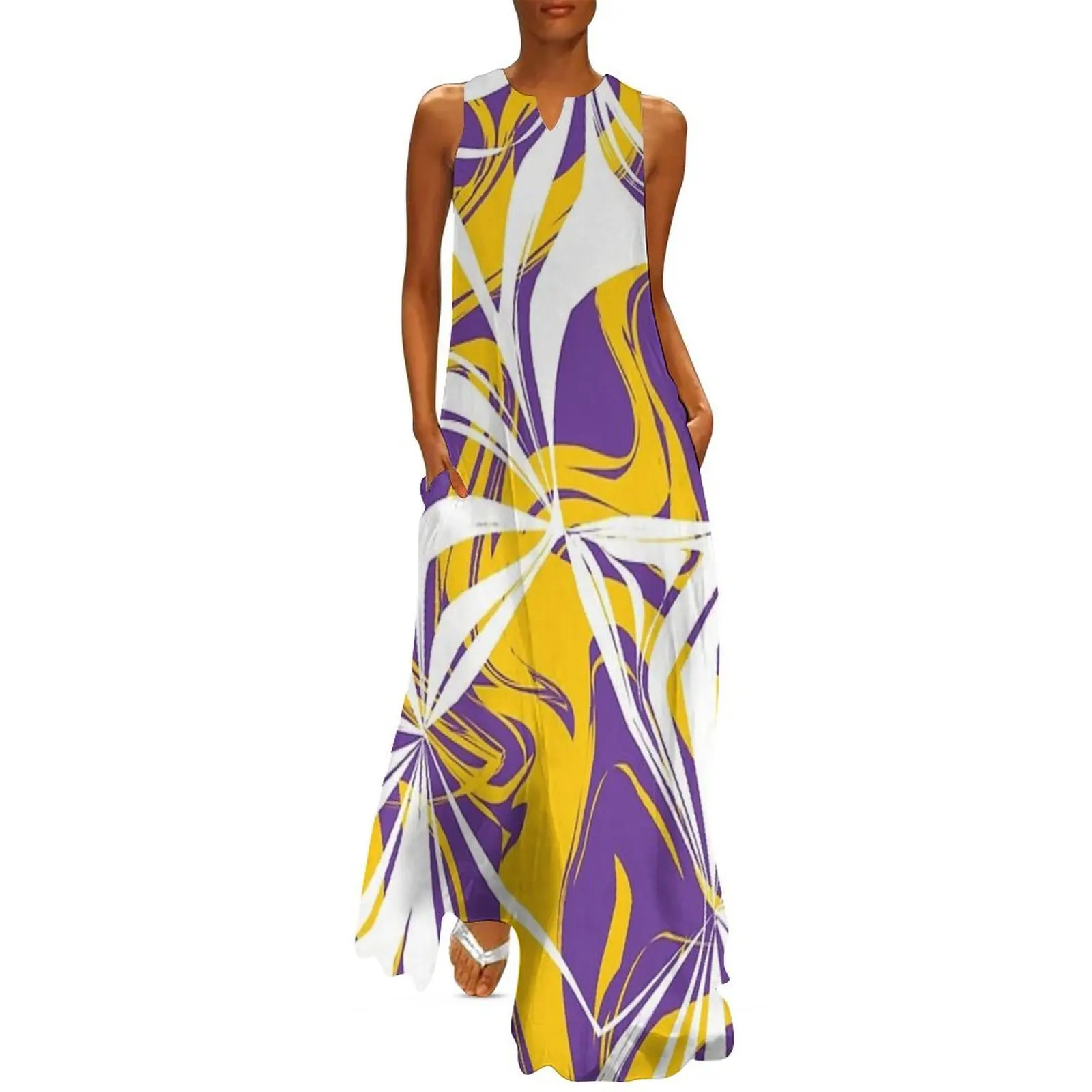 

Purple yellow and white abstract wavy pattern Long Dress ceremony dresses dress for women summer