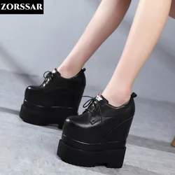 Super High Heel 18cm Genuine Leather Platform Wedge Hidden Heel Women Casual Shoes Chunky Sneakers High Heels Spring Autumn