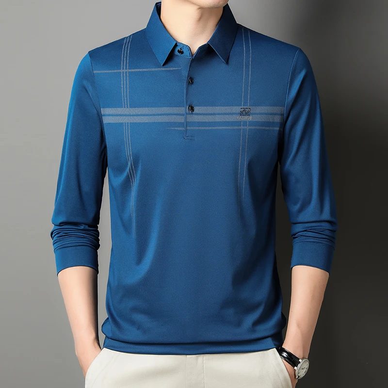 New Winter Men\'s Warm and Comfortable Long Sleeve Casual Polo Shirt Business Stripe Printed Men\'s Top