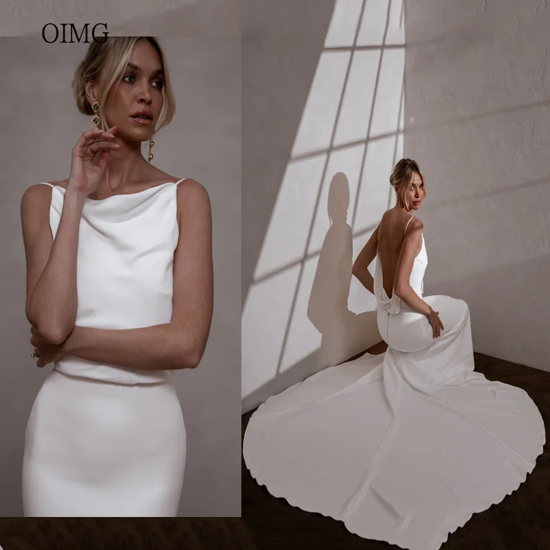 

OIMG Simple Ivory Mermaid Wedding Dress Spaghetti Straps Backless Bride Dresses Floor Length Big Tail Wedding Gowns Customized