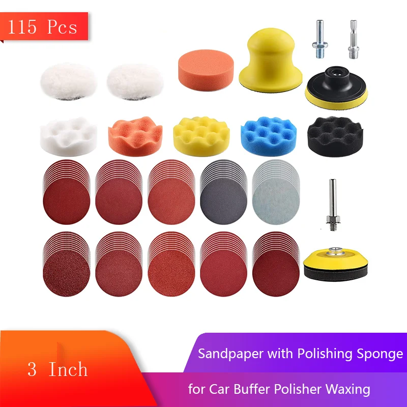 

3 Inch Sandpaper with Polishing Sponge 115 Pcs with Drill Sanding Attachment 5/16" and 1/4" Shank for Car Buffer Polisher Waxing