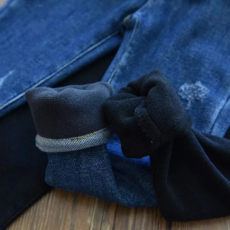 Girls Spring and Autumn One piece Plush Bear Label Flipped Soft Jeans Children's Baby Thickened Elastic Versatile Pencil Pants