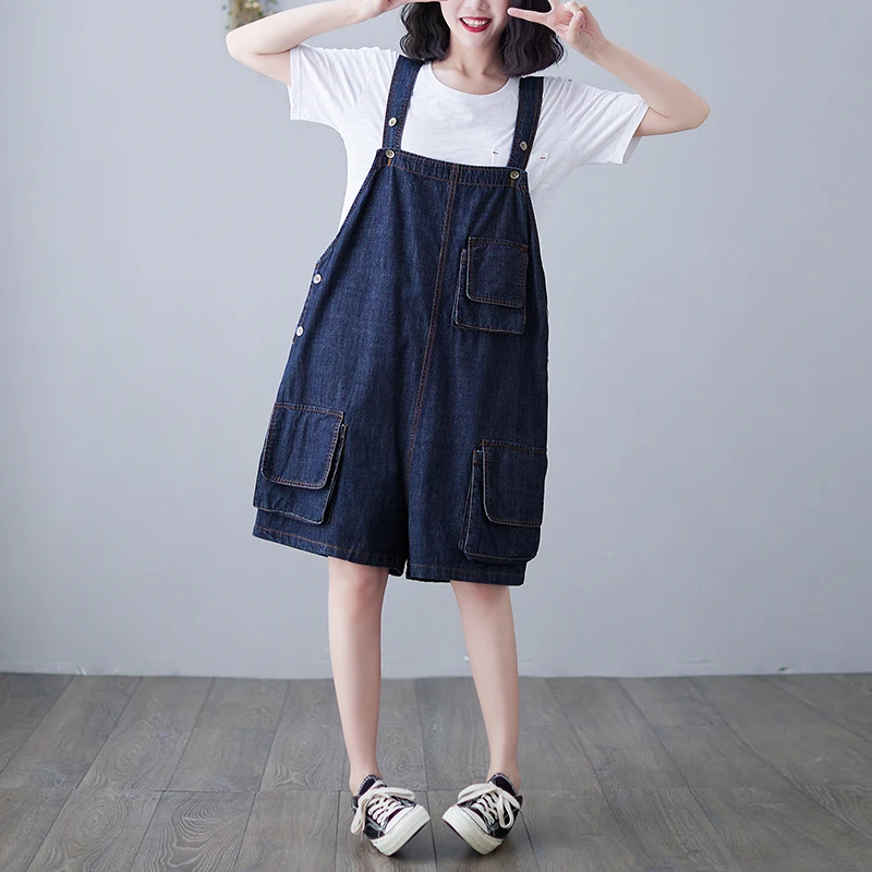 #1421 Multi-pockets Short Denim Jumpsuit Women Summer Wide Leg Rompers Womens Denim Playsuits Loose Spaghetti Strap Playsuits