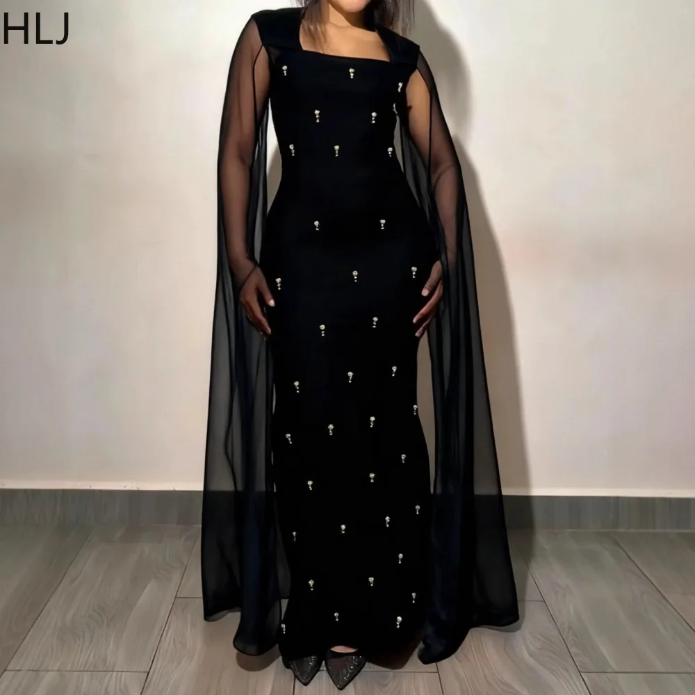 

HLJ Sexy Rhinestone Patchwork Bodycon Dresses Women Solid Color Ribbon Sleeves U Collar Dress Female Party Clubwear Vestidos New