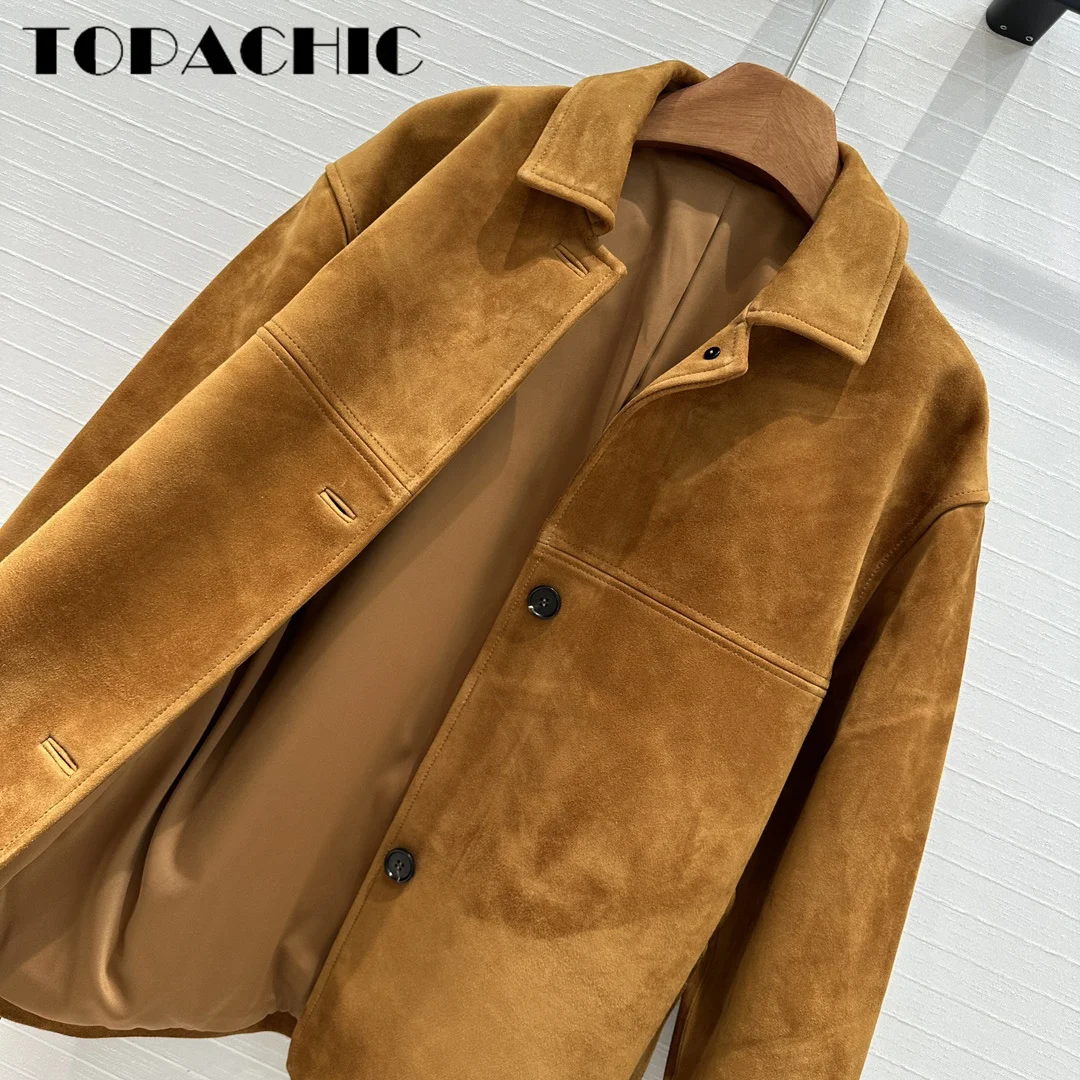 7.15 TOPACHIC-Women Letter Embroidery Streetwear Versatile Genuine Leather Coat 2024 New With Sashes Lapel Kid Suede Jacket