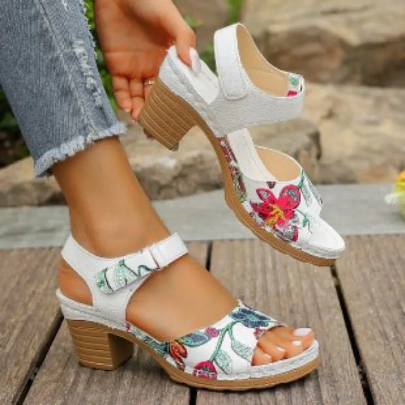 Women's Peep Toe Hihg Heel Sandals Summer Gladiator Shoes Chunky Heel Platform Women's Sandals Flower Ladies Heeled Shoes