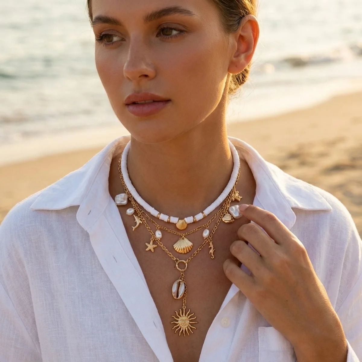 

Sun Starfish Seahorse Dolphin Turtle Shell Pendant Necklace For Women Men Imitation Pearl Soft Clay Choker Summer Beach Jewelry