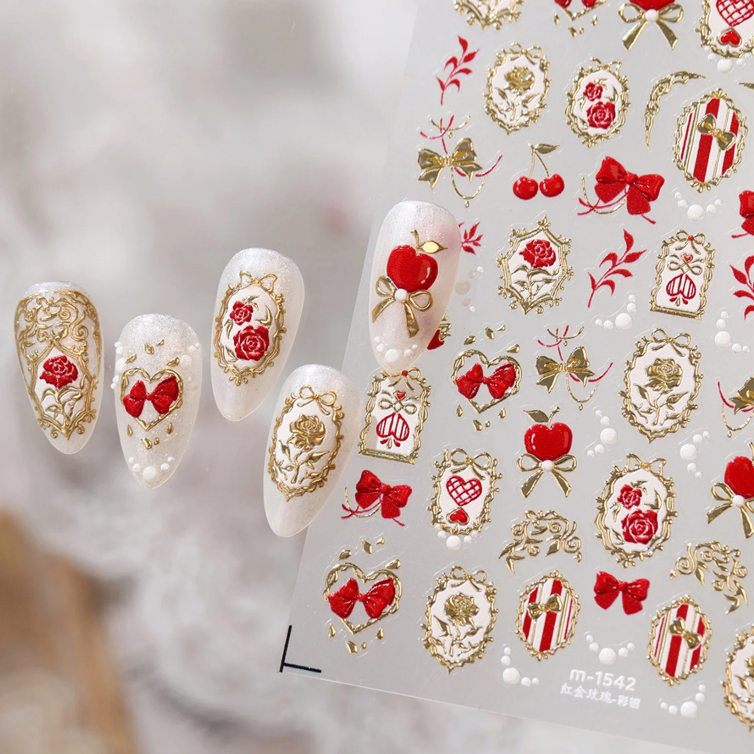French Manor 5D Nail Art Stickers Red Apple Cherry Rose Lace Bow Photo Frame Self Adhesive Nail Decals Decoration Accessories