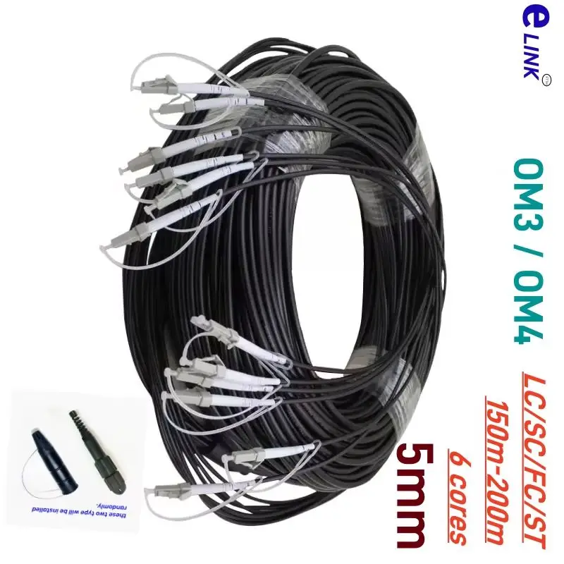 OM4 الألياف المدرعة patchcord 6 النوى OM3 بولي يوريثان 150 متر 200 متر 6C SC LC FC ST APC المتعدد 6 ألياف الألياف البصرية الطائر في الهواء الطلق ELINK