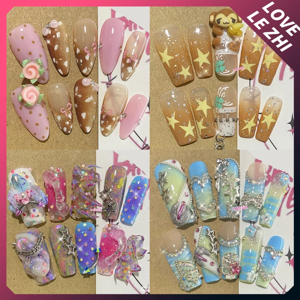 

Y2K Spicy Girl Rilakkuma Handmade Long Square Press On Nail Shiny Diamond Sequins 3D Flower Bow Musical Notes Reusable Fake Nail