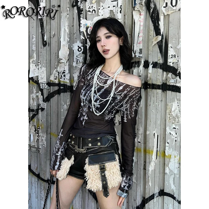 

RORORIRI Punk Cross Print Long Sleeves T-shirt Women Off-shoulder Slim Stretch Mesh Sheer Overlay Top Vintage Gothic Streetwear
