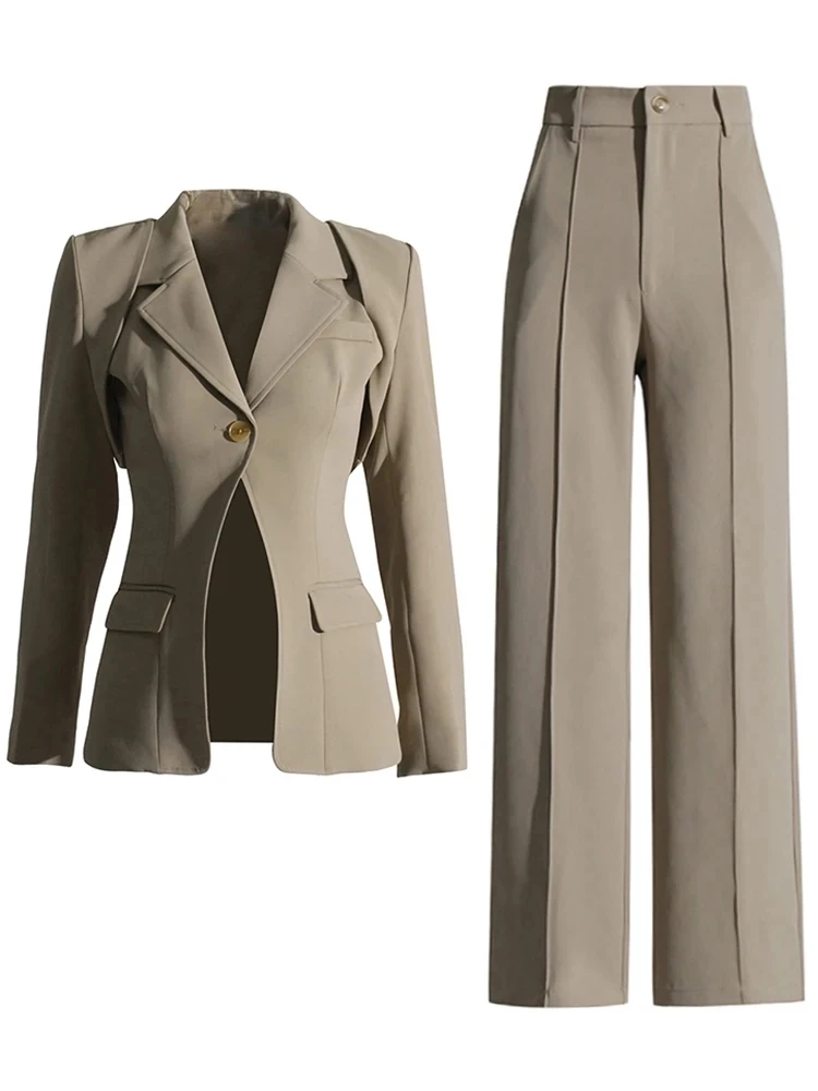 CHICEVER-Ensemble Trois Pièces pour Femme, Manteau à Manches sulf, Revers, Taille Haute, Pantalon Droit, Solide