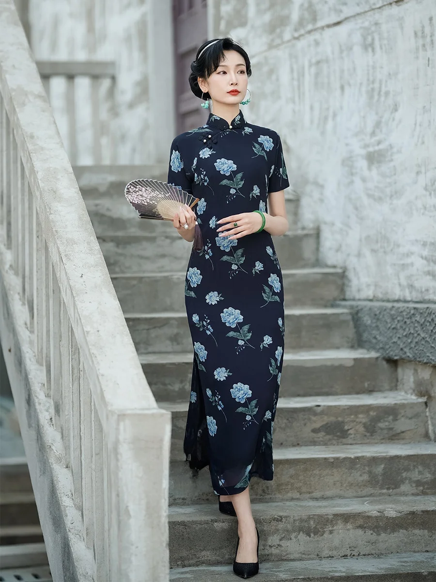 

Новинка: Винтажное шелковое платье из жоржета с цветочным принтом, с низким разрезом, коротким рукавом, для повседневной носки весной и летом