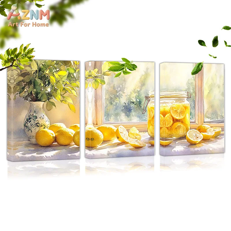 AZNM Watercolor Lemon Still Life Canvas Wall Art, Fresh Citrus Fruit Window Scene Print Poster, Unframed Single Piece Decorative