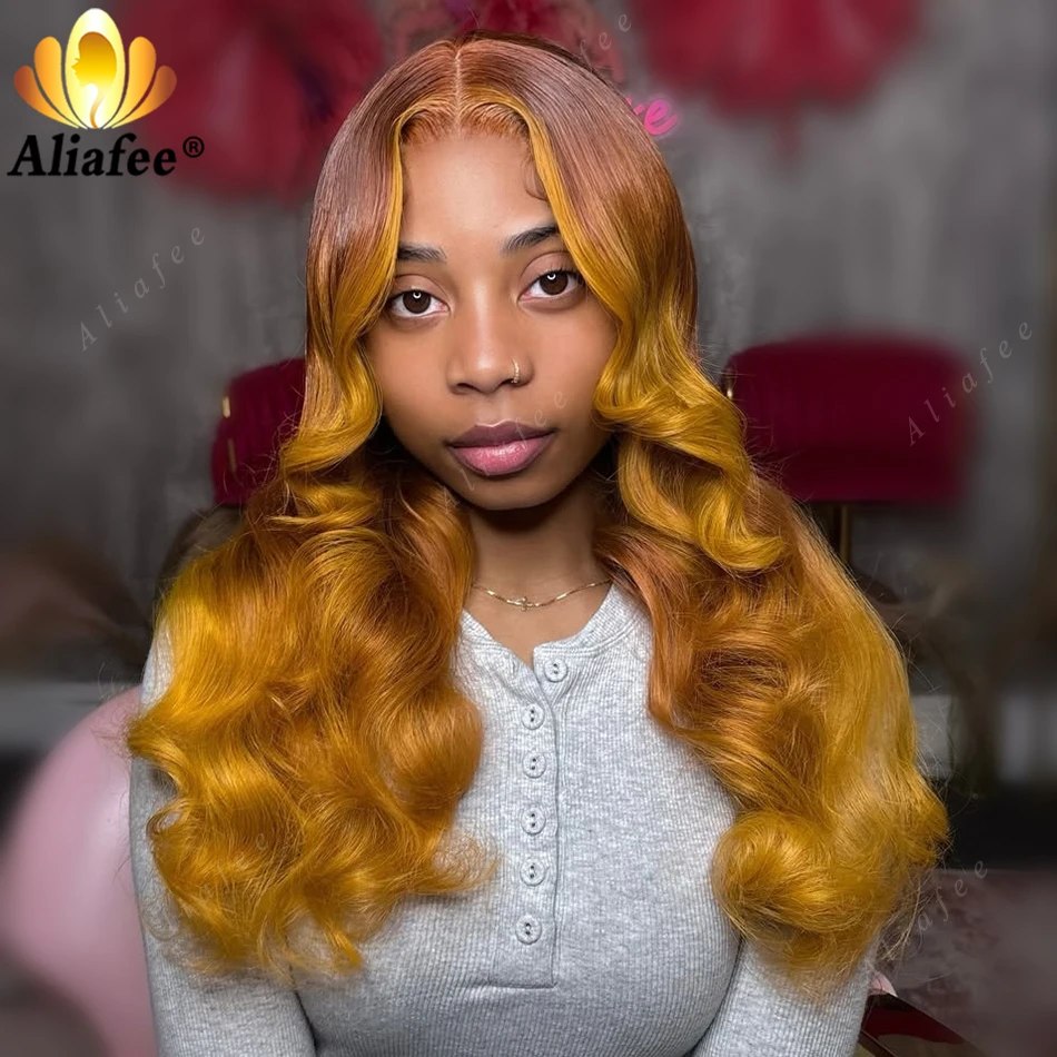 

13x6 Transparent Lace Frontal Human Hair Wig Ombre Auburn Brown Golden Blonde Natural Color Blend Transition Colored Hair Wig