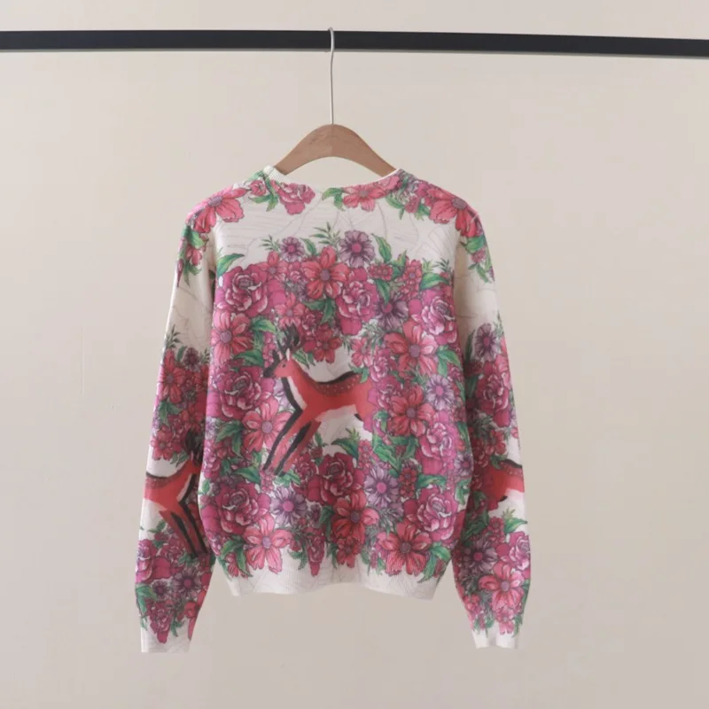 Flower Animal Print Sweater Pullovers for Women Luxury Brand Christmas Deer sweater Knitted Tops Y2k Jumper Long Sleeve Jersey