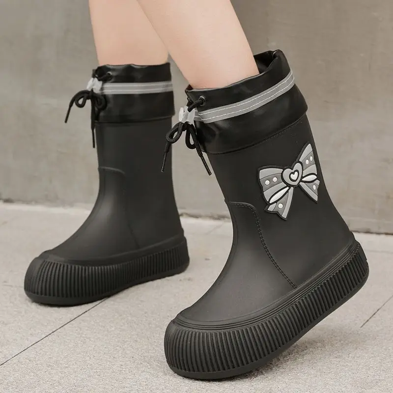Damen-Regenstiefel mit Schleifenknoten-Aufdruck, 2025, wasserdicht, rutschfest, mittelhohe Stiefel für nasses Wetter, Outdoor, Gartenarbeit, Pendeln