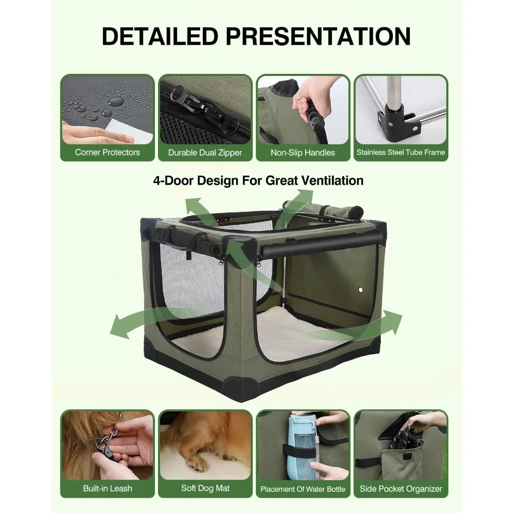 42 Inch Collapsible Travel Dog Crate for Large Dogs, Portable Dog Crate 4-Door Foldable Soft Kennel with Chew-Proof Mesh Windows