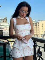 Elegant Print Waistband Short Dress For Women Square Collar Sleeveless Zip Up Waist-closed Dresses 2026 Summer Lady Party Robes - Image 4