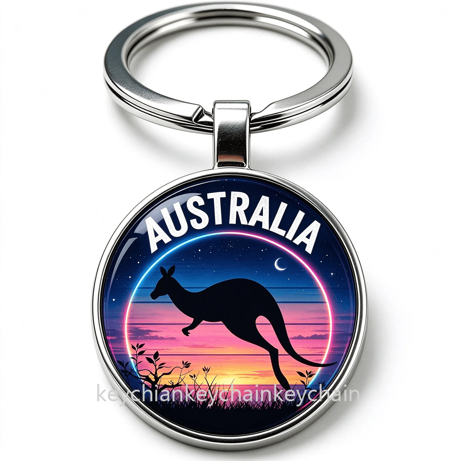 Australia Kangaroo Neon Sunset Keychain Key Ring Gift for Travel Lover Men Women