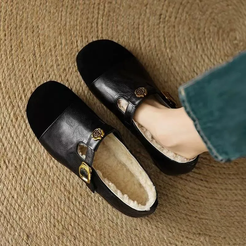 Retro Cotton Women's Mountain Flower Mary Jane Warm Round-toe Padded Flat Shoes