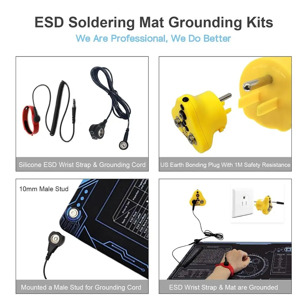 36x24 Inch Anti Static Rubber Mat Kit or ESD Sensitive Eic Device Repair, Soldering, PC Building, Assembly, Table Work, With Gro