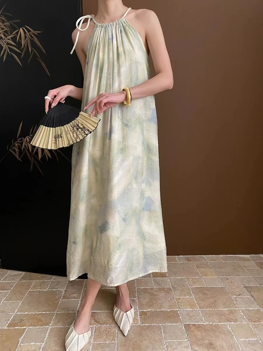 New Chinese Style Oil Painting Halo Dyeing Drawstring Hanging Neck Elegant Dress Early Spring Vacation Style