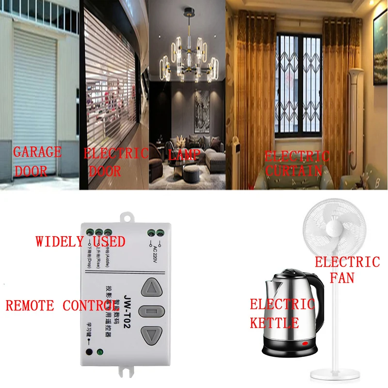JW-T02 AC 220V Motor Wireless Remote Control Switch UP Down Stop Tubular Motor Controller Motor Forward Reverse TX RX Latched