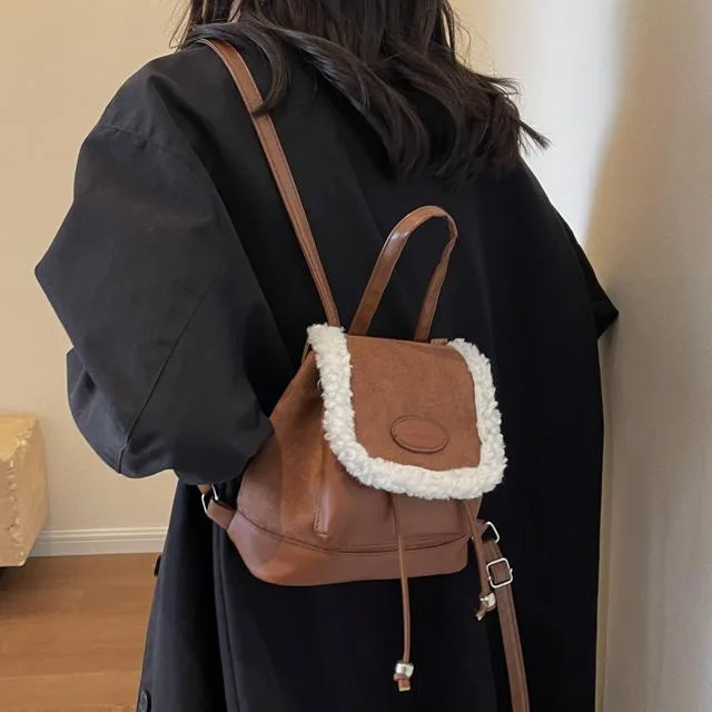 

Женский мини-рюкзак с отделкой из искусственной овчины, винтажный рюкзак из замши и кожи на шнурке черного, коричневого и коричневого цвета для повседневного повседневного использования