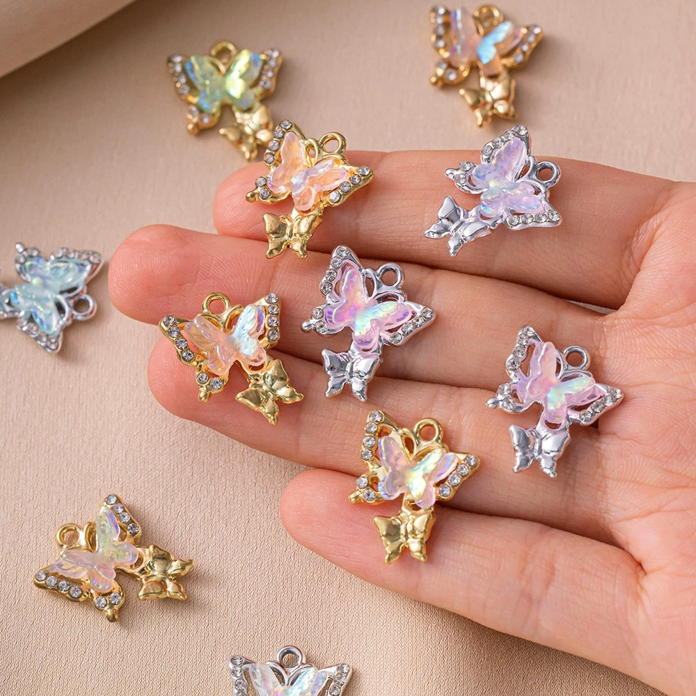 10pcs Y2K Rhinestone Butterfly Charms Gold Plated Crystal Pendants for DIY Necklace Bracelet Jewelry Making DIY Crafting Supply