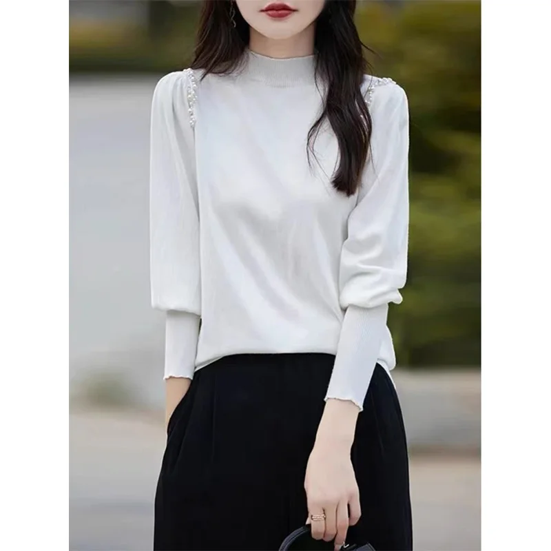 Women Loose Comfort Elegant Knitted Pullovers 2024 Autumn Winter Fashion Pearls Puff Sleeve Exquisite O-neck Wool Sweater