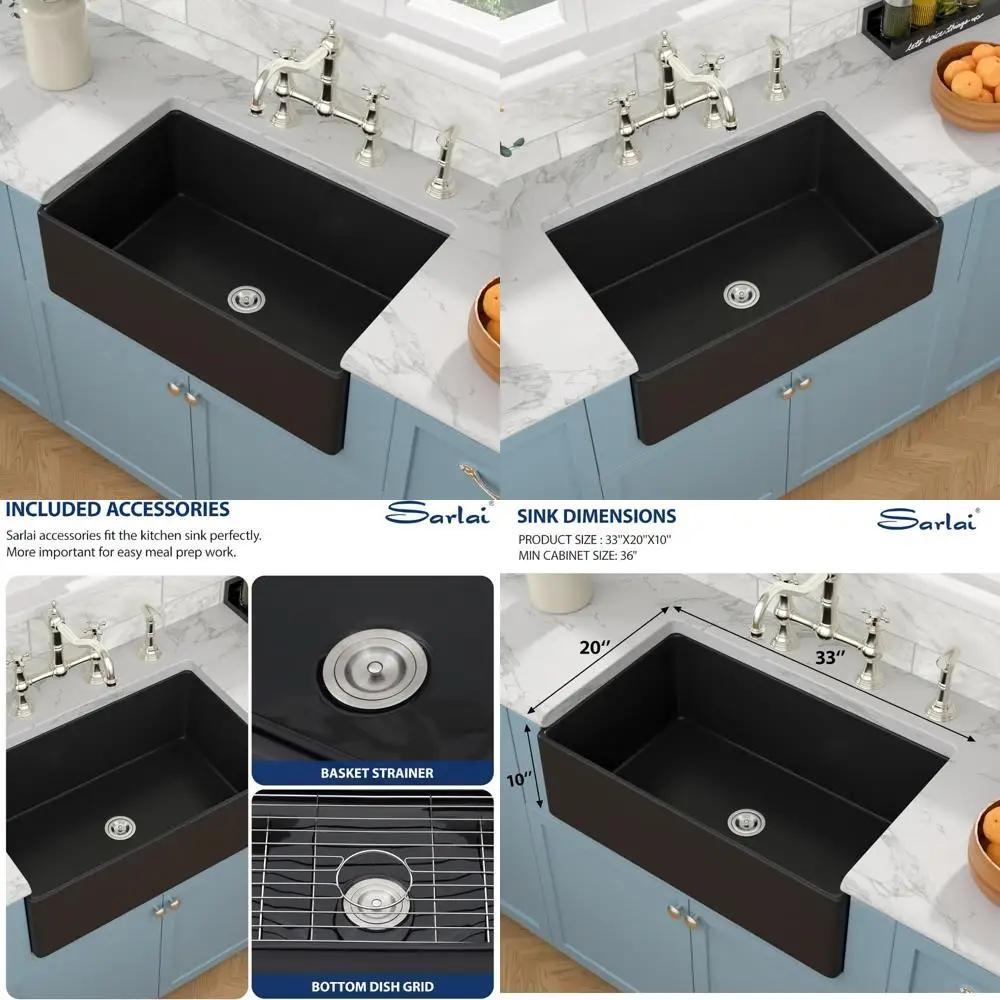 33 بوصة ماتي الأسود Fireclay السيراميك وعاء واحد المئزر حوض المطبخ الأمامي، نمط المزرعة التقليدية، الخزف المتين Constr #1
