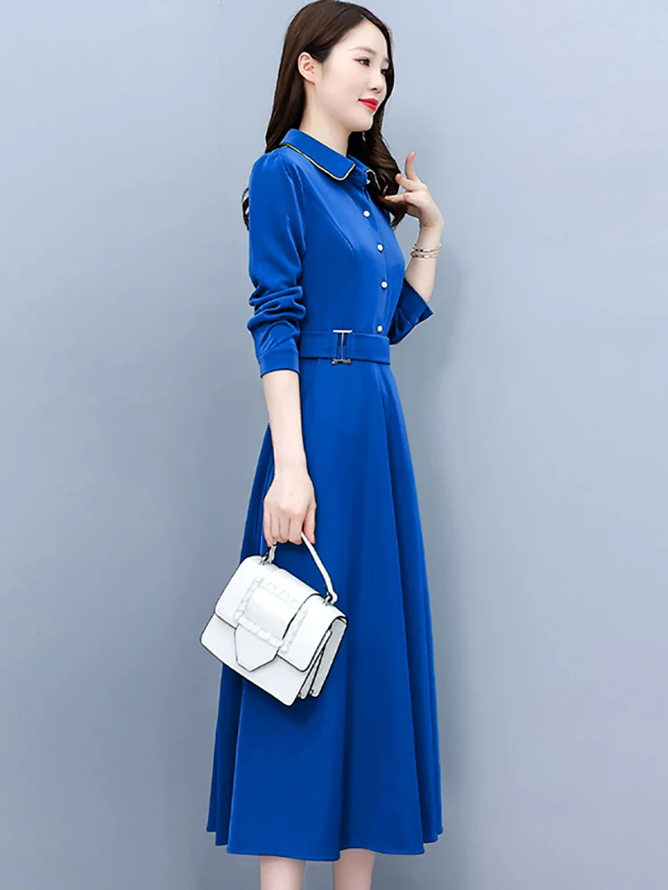 Autumn Winter Long Sleeve Korean Midi Dress 2024 Elegant Polo Collar Office Lady Dress Women Elegant Bodycon Party Night Vestido