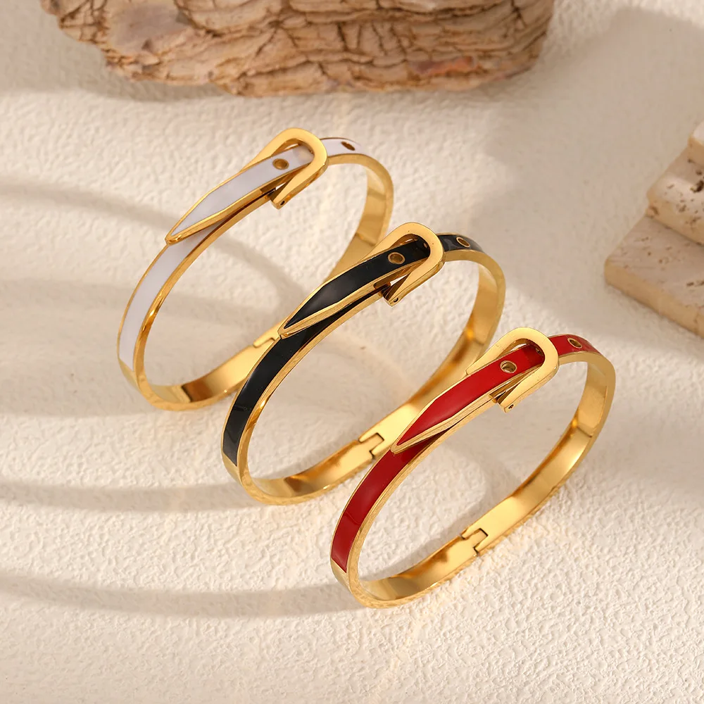 

1pc Free Shipping Stainless Steel Belt Clasp Cuff Bracelet Black/Red/White Enamel Buckle Bangle Colorfast Punk Hot Hand Jewelry