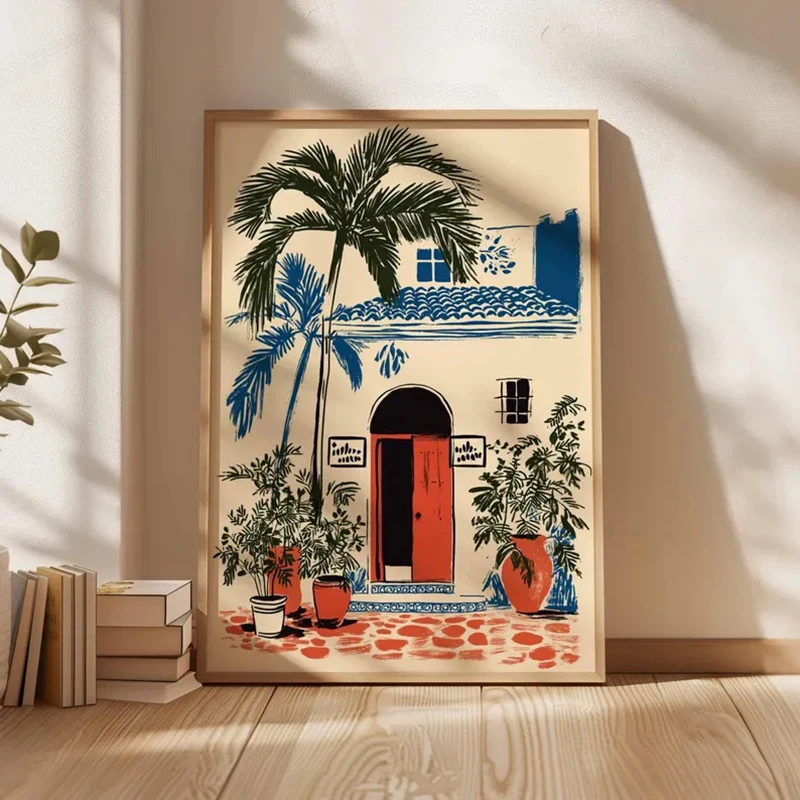Unframe Moroccan Courtyard Wall Art Print, Bohemian Doorway Lush Green Plants, Exotic Home Decor Poster, Moroccan Courtyard Artw