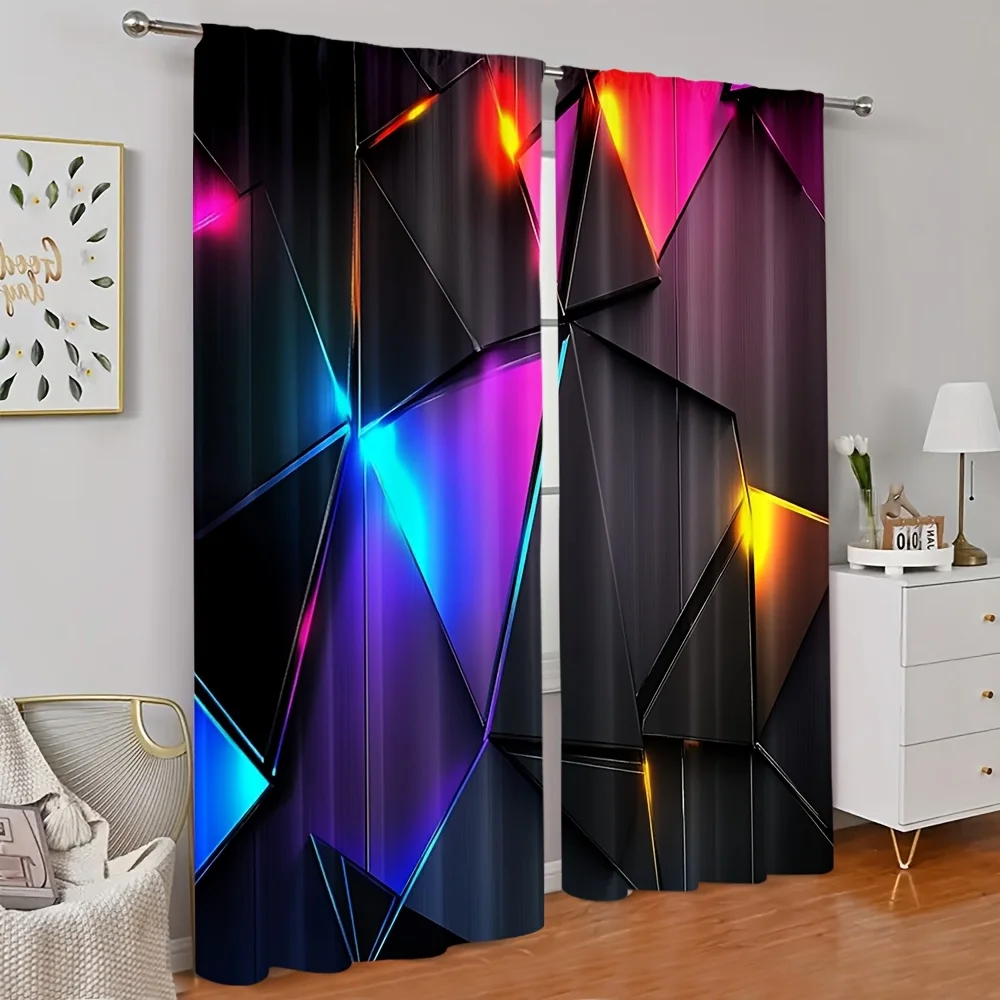 Abstract Geometric Neon Curtains 3D Triangles Glow Tech Style Window Drapes for Gaming Room Home Theater Modern Bedroom