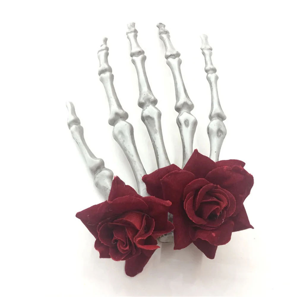 Handmade Lolita Hair Clips Statement Skull-Themed Plastic Punk Skull Hair Clip Unique Hand Bone Rose Flower Hairpin For Cosplay